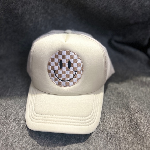 Accessories - Cream Trucker Hat with Checkered Smiley Face
